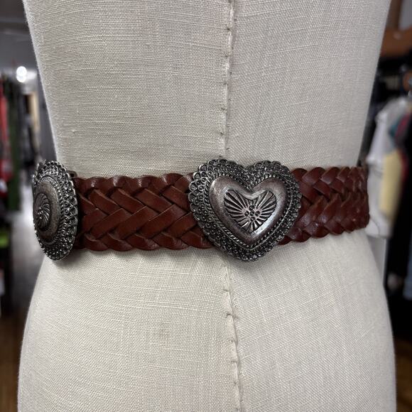 Vintage Canterbury Silver Heart Concho Woven Brown Leather Belt Sz M 34”